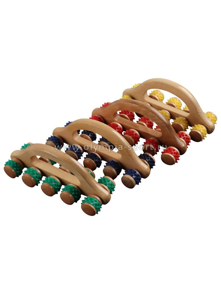 Массажёр деревянный гусеница с ручкой пластик (10 колес, 18*6*7см) OT